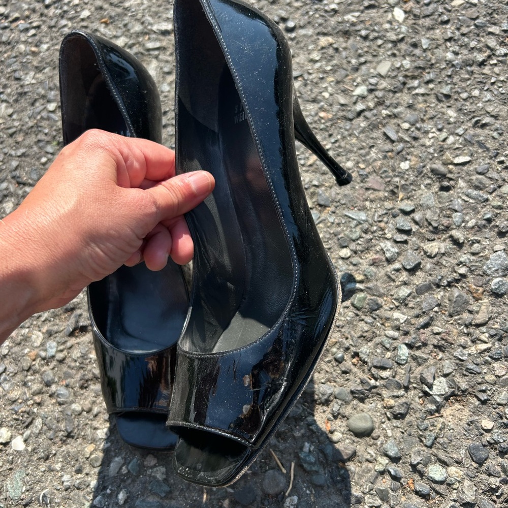 Stuart Weitzman Glossy Black Peep Toe Heels - Picture 2 of 7